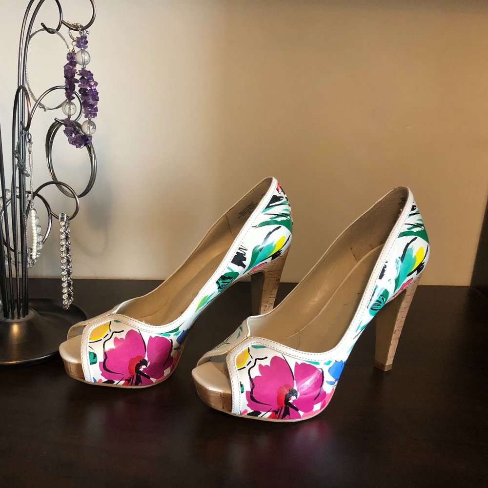 Nine West Patent leather floral pumps with cork heel